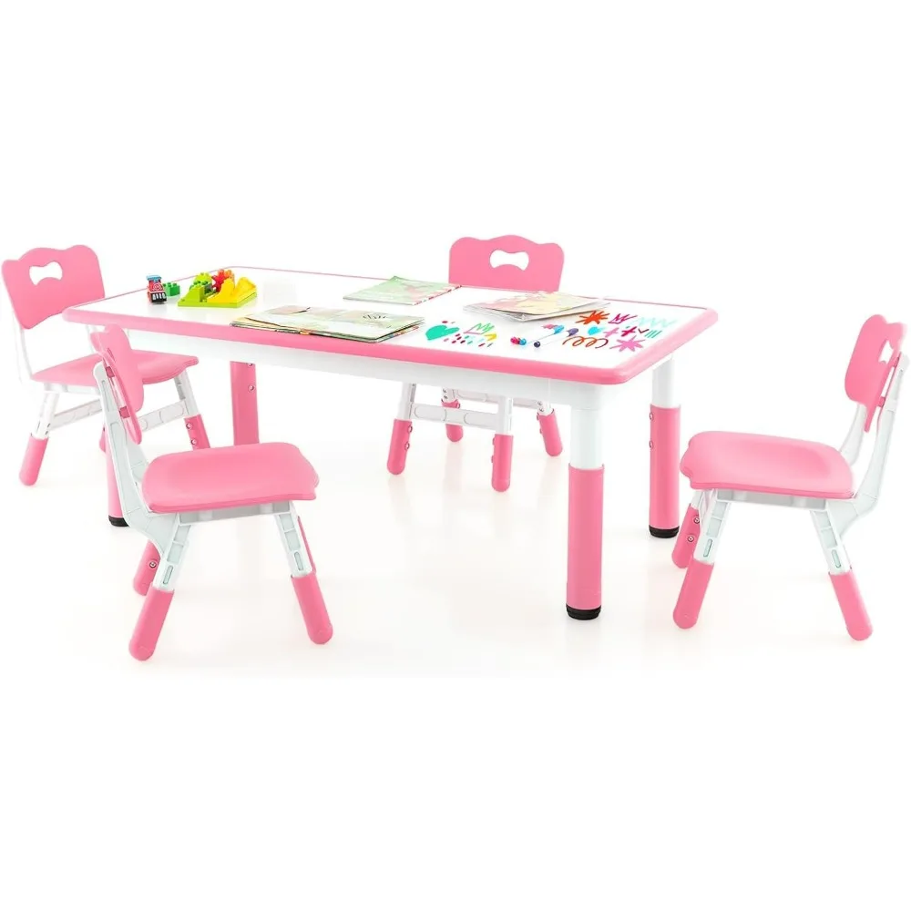 

Kids Table and Chair Set, Height Adjustable Children Activity Table and 4 Chairs Set w/Erasable Graffiti Desktop, Toddler Table