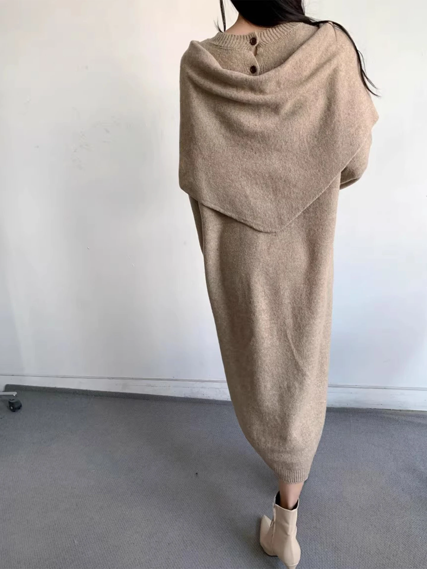 Faionable Thiened Knitted Dr Set para mujer Invierno 2025 Color puro Cintura alta Chic Largo Sve redondo Ne Loose Fit Two...