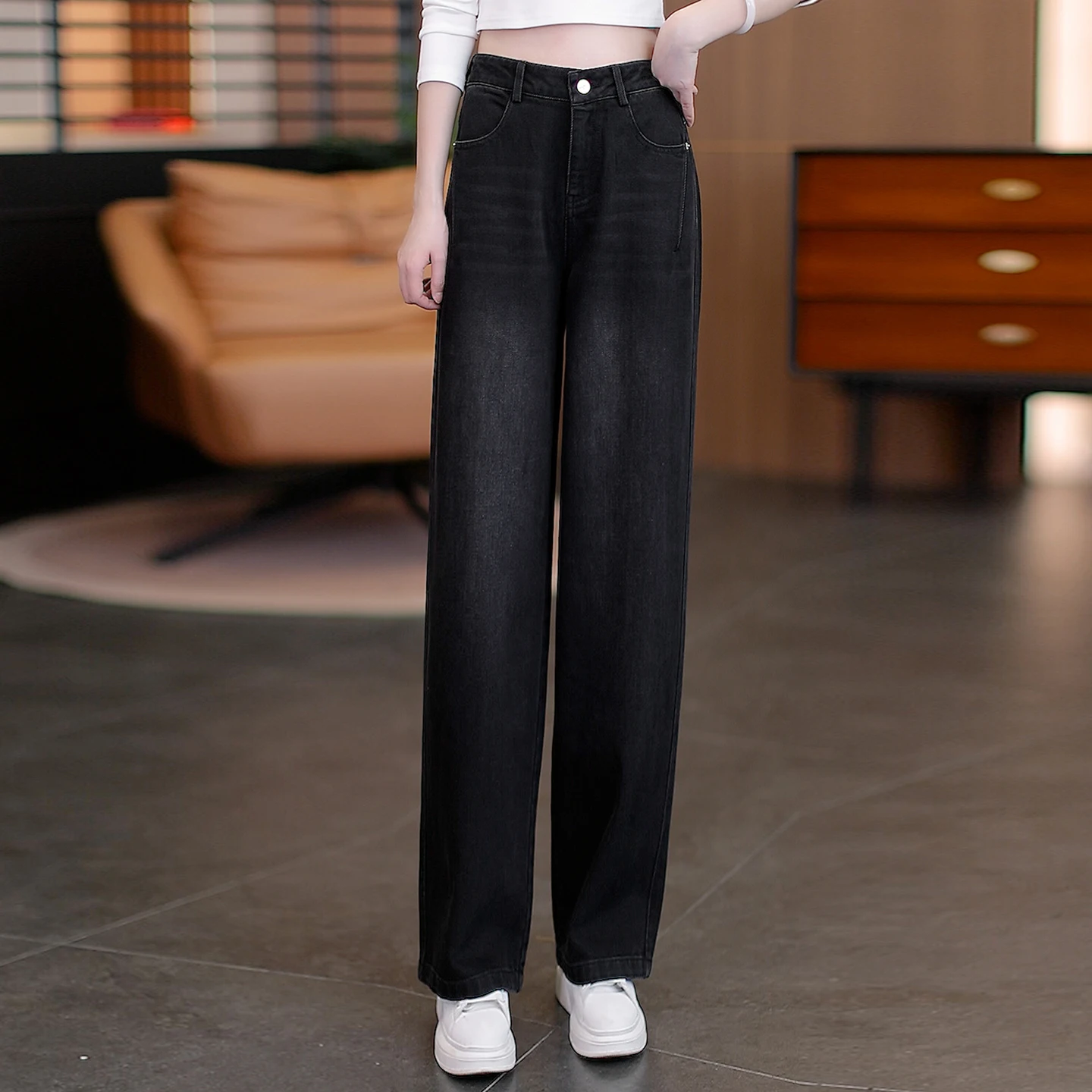 

High Waist Bla Knife Denim Jeans Women's Spring Autumn Straight Leg Wide Leg Pants Tummy Covering Slimming Effect