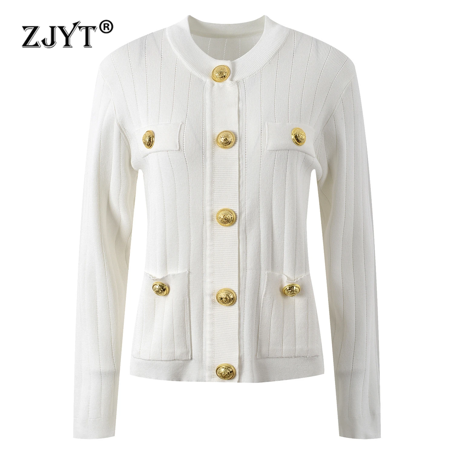 

ZJYT 2024 Fashion Autumn Winter Cardigan Coat Knitted Sweaters Long Sleeve Single Breasted Buttons Solid White Knitwears Tops