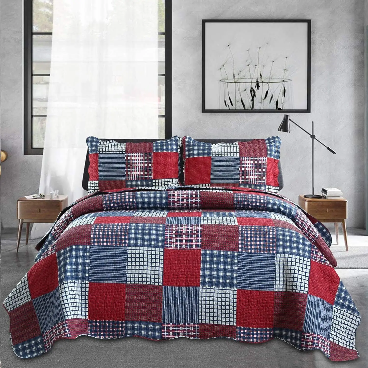 

Plaid Quilt Set Queen Bedspreads Coverlet Set Red Blue White Patchwork Queen Size Quilt Set Bedding Soft Lightweight Quilts