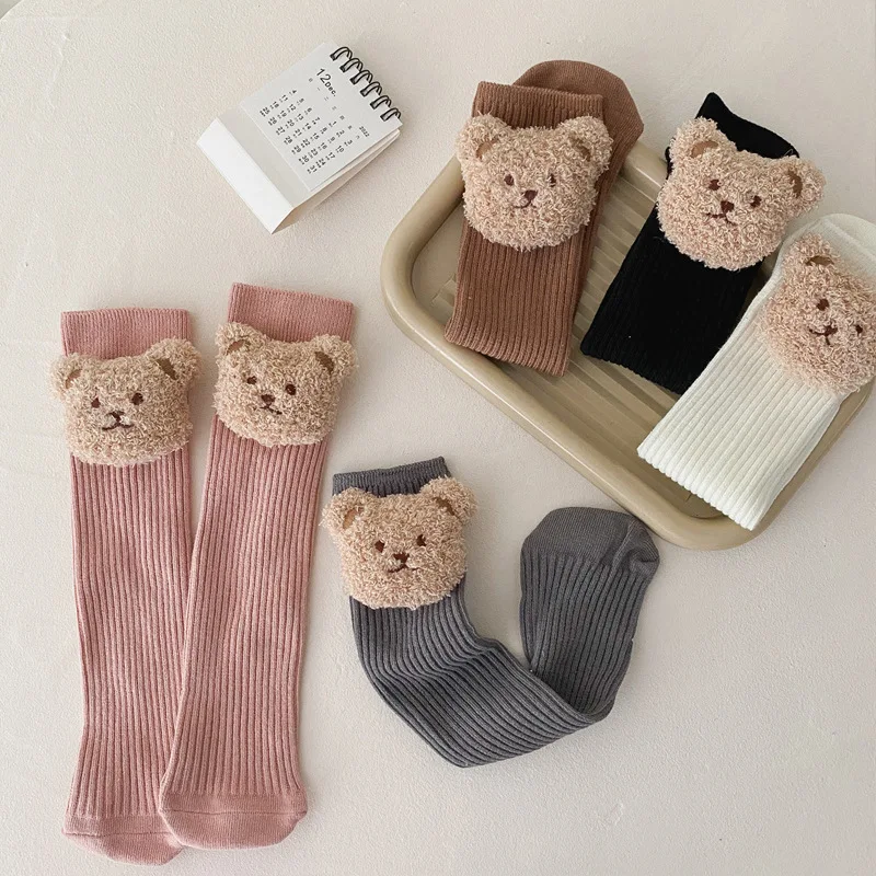 Chaussettes longues en coton doux pour enfants, chaussettes pour tout-petits, vêtements d\'hiver pour bébés filles et garçons, hauteur genou, ours