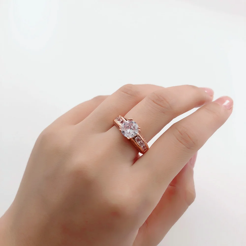 Proposal Crystal Rings for Women Rose Gold Color Zirconia Wedding Engagement Dating Girlfriend Gifts Fashion Jewelry R036