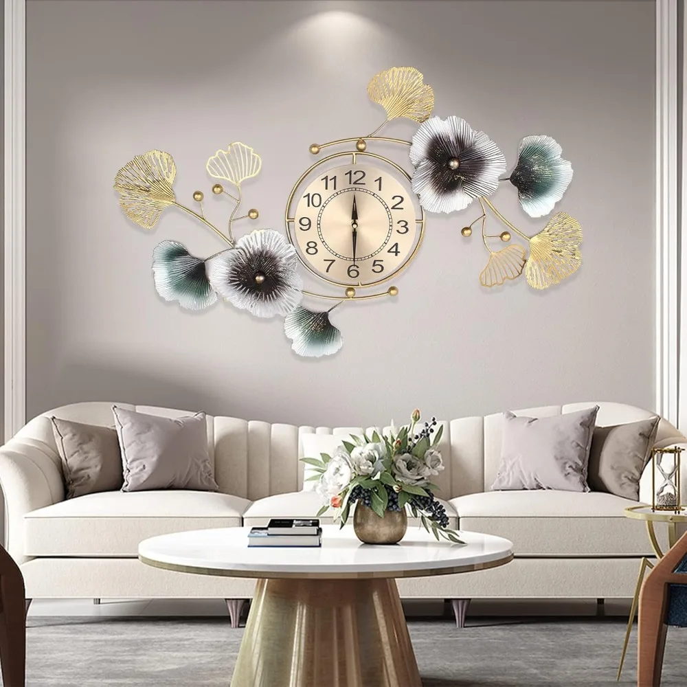 Large Decorative Wall Clock Light Luxury Atmosphere Ginkgo Leaf Quartz Clock Mute DIY Large Wall Clock Wall Decoration