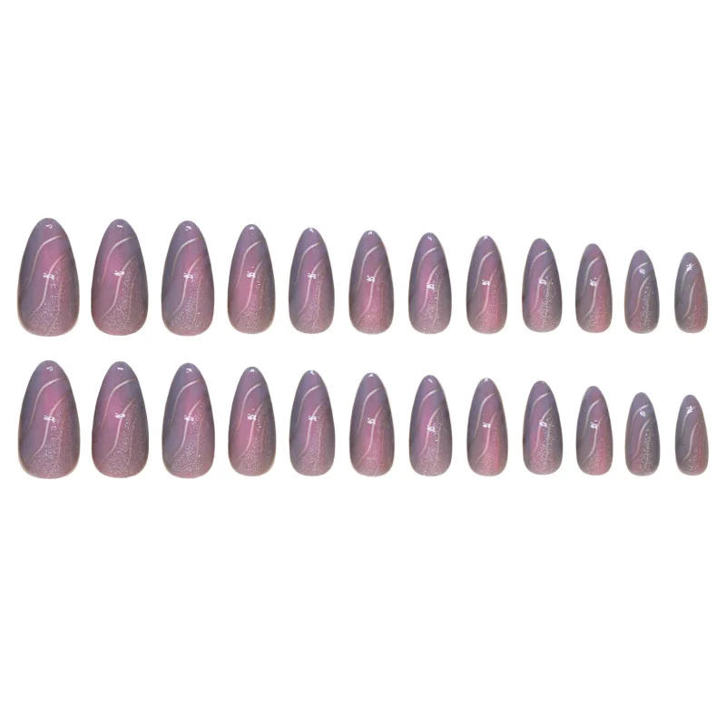 Prego falso com gradiente de ondulação roxo feminino com cola, pressão média longa nas unhas, unhas em acrílico, verão, 24 peças