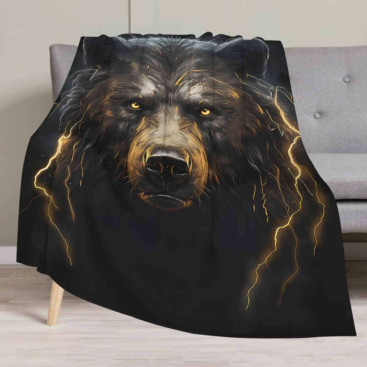 Huke Bear Gifts Blanket, Cool Black Gold Fire Lightning Bear Blanket, Bear Gifts for Adults/Kids/Students, Cool Animal Print