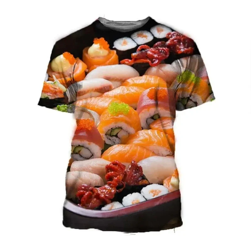 Men Polyester Short Sleeve T Shirt 3D Print Assorted Sushi Platter Seafood Pattern Summer Food Party Graphic Tee