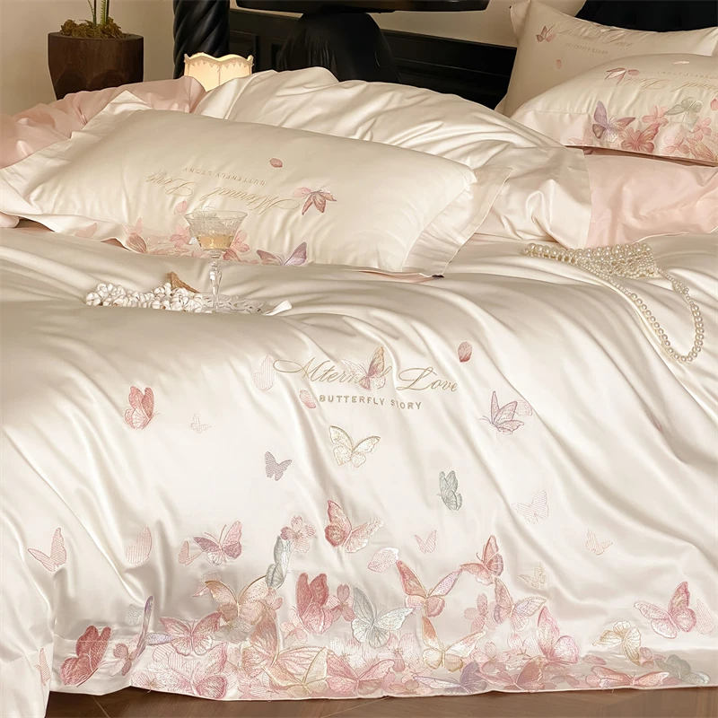 60S Long Staple Cotton Colorful Butterfly Embroidery Luxury Bedding Set Duvet Cover Bed Sheet/Fitted Sheet Pillowcases 4Pcs