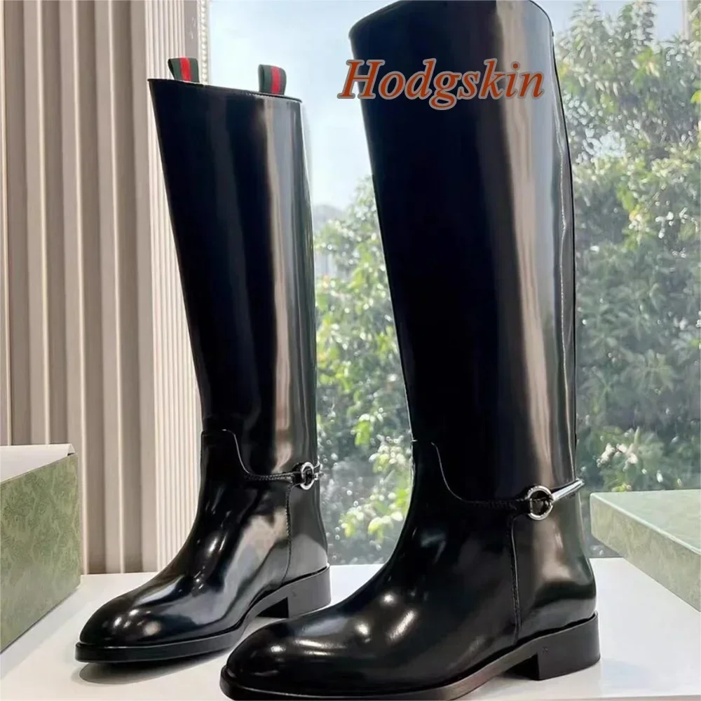 Solid Patent Leather Metal Boots Knee High Chunky Low Heel Slip On Round Toe Boots Fashion 2025 New Arrivals Casual Winter Boots