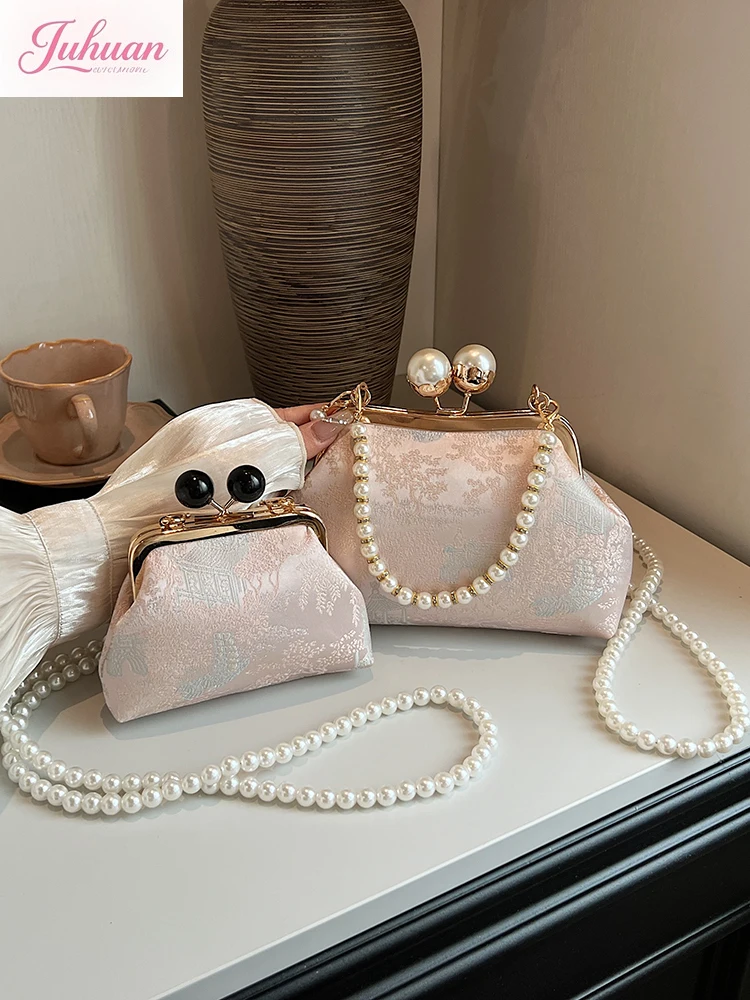 

New Chinese embroidered bag women's 2025 new pearl chain messenger bag niche portable gold bags shell Song Jin clutch bags
