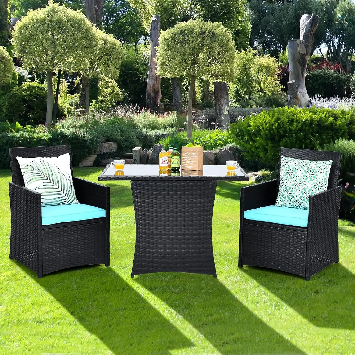USA Stock3 Piece Patio Furniture Set, Outdoor PE Rattan Wicker Bistro Set with Washable Cushions & Tempered Glass Table, for Bac