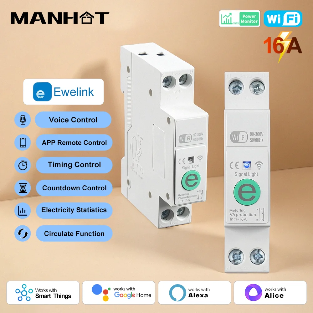 Ewelink 1P+N 16A WIFI Smart Circuit Breaker MCB Timer Relay Switch Energy Meter kWh Voltage Current Protector Remote Control
