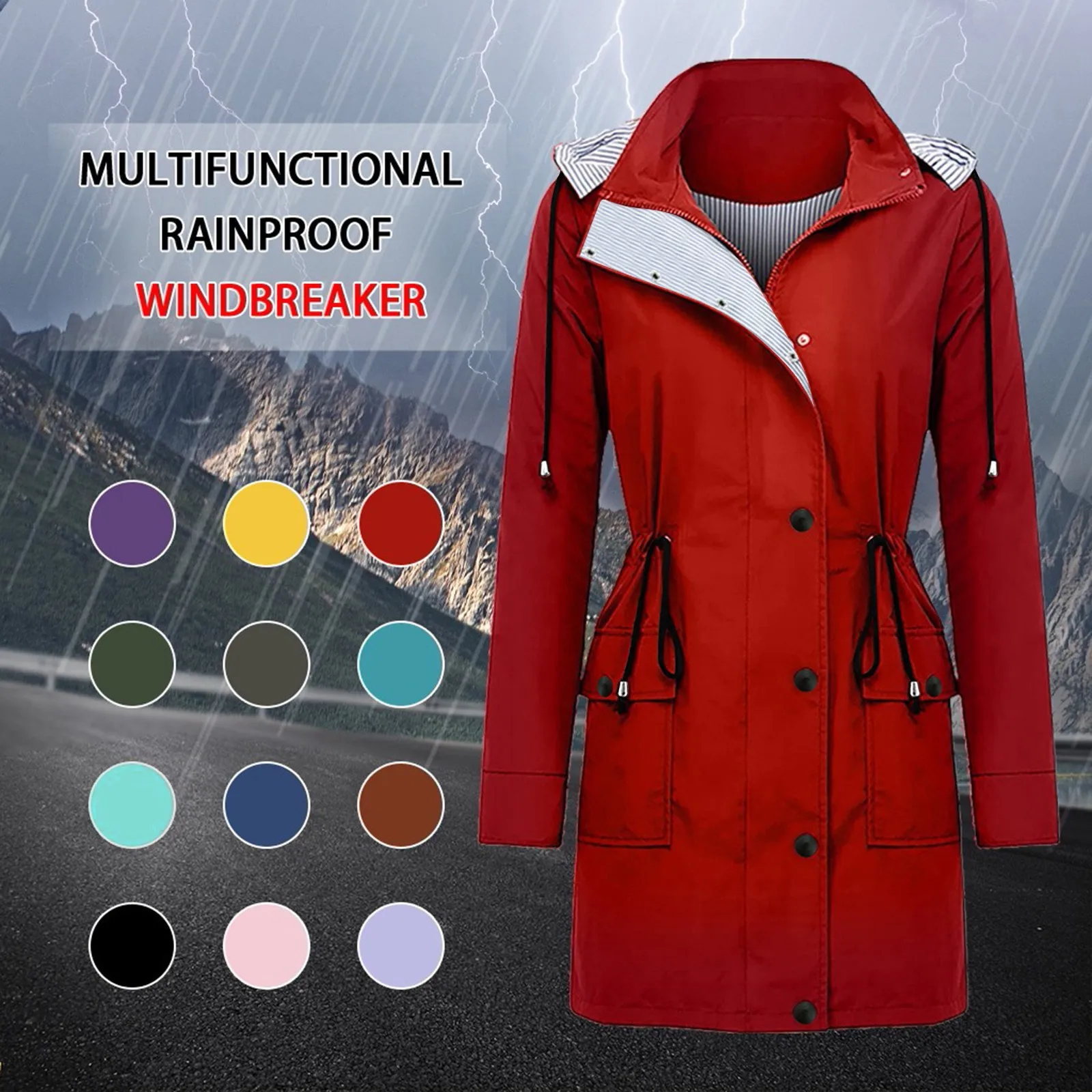 Multifunctional Rainproof Windbreaker Women Outdoor Waterproof Coat Hooded Trench Jacket Long Drawstring Outerwear Stylish T1
