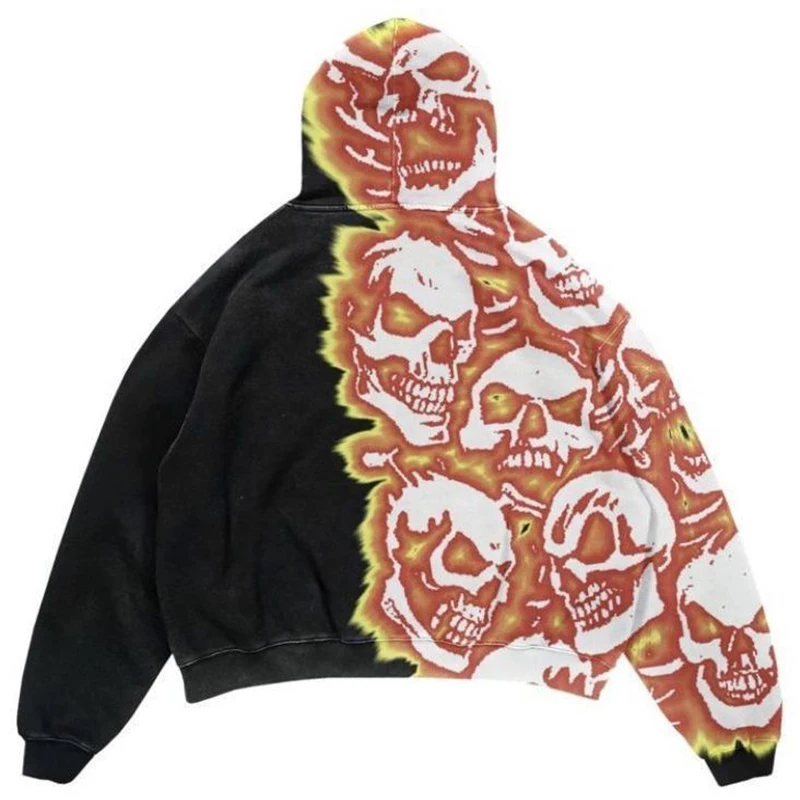 Scary Skeleton Print Men Long Sleeve Hooded Sweatshirts Pocket Autumn Winter Grunge Street Fashion Oversized Clothing Halloween