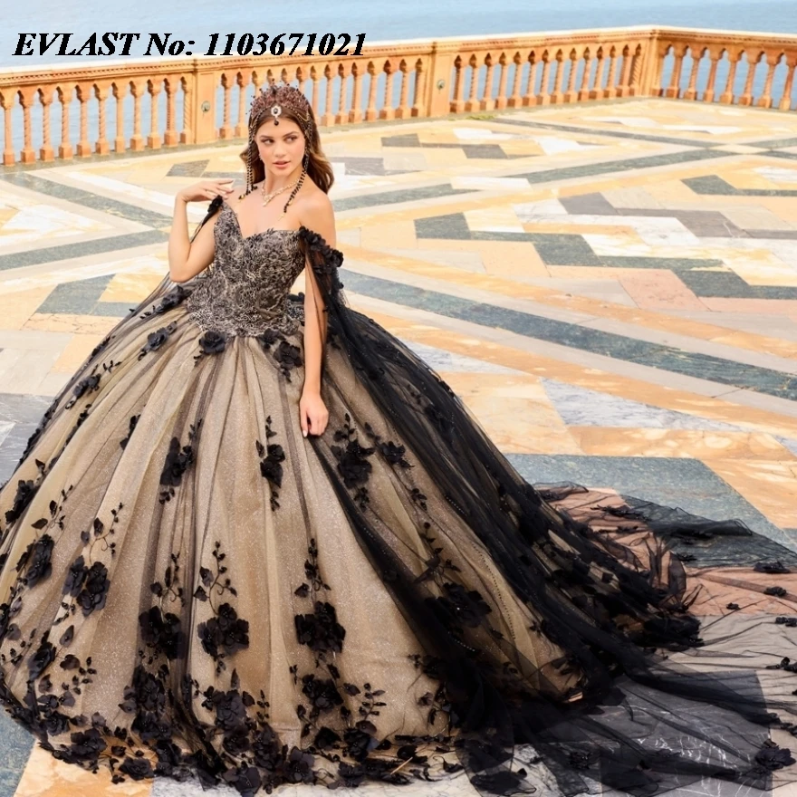 EVLAST черное Шампанское платье для Quinceanera бальное платье 3D Цветочная аппликация из бисера с накидкой и бантом милое 16 платья 15 лет SQ226