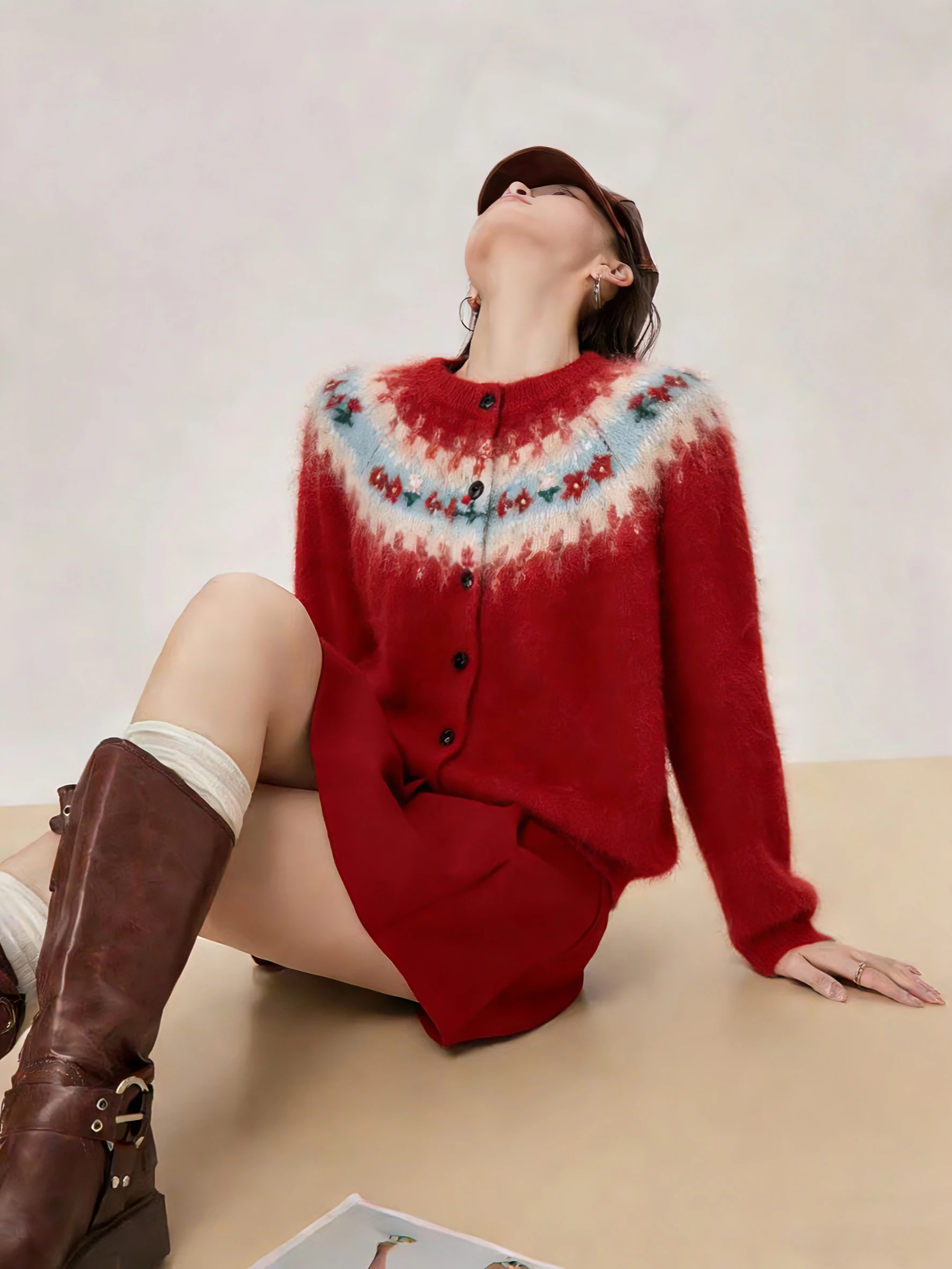 

Red Fair Isle Knitted Cardigan round Ne Sweater Women's Winter Faion Match New Year's Year of the Tiger Warrior Robe