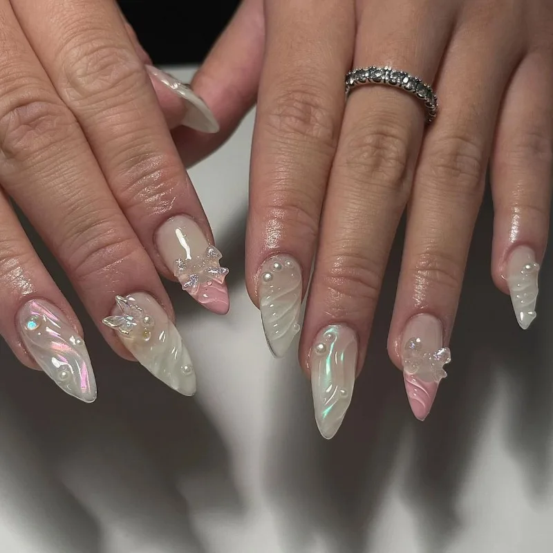 

24PCS Fake Nails Sweet French Pink 3D Pearl 3D Bow Long Almond Shape Press-on Nail Tips Perfect for Gift To Girls and Friends