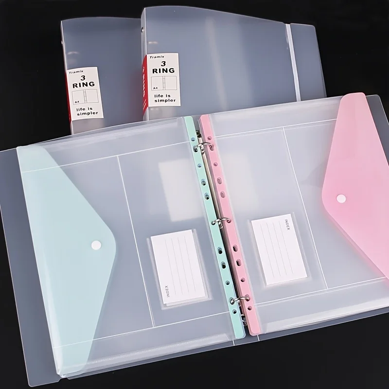 6pcs Plastic Envelopes Binder Pocket 11 Holes Expandable Binder Folders for 2/3/4 Ring Document Pouch with Snap Button