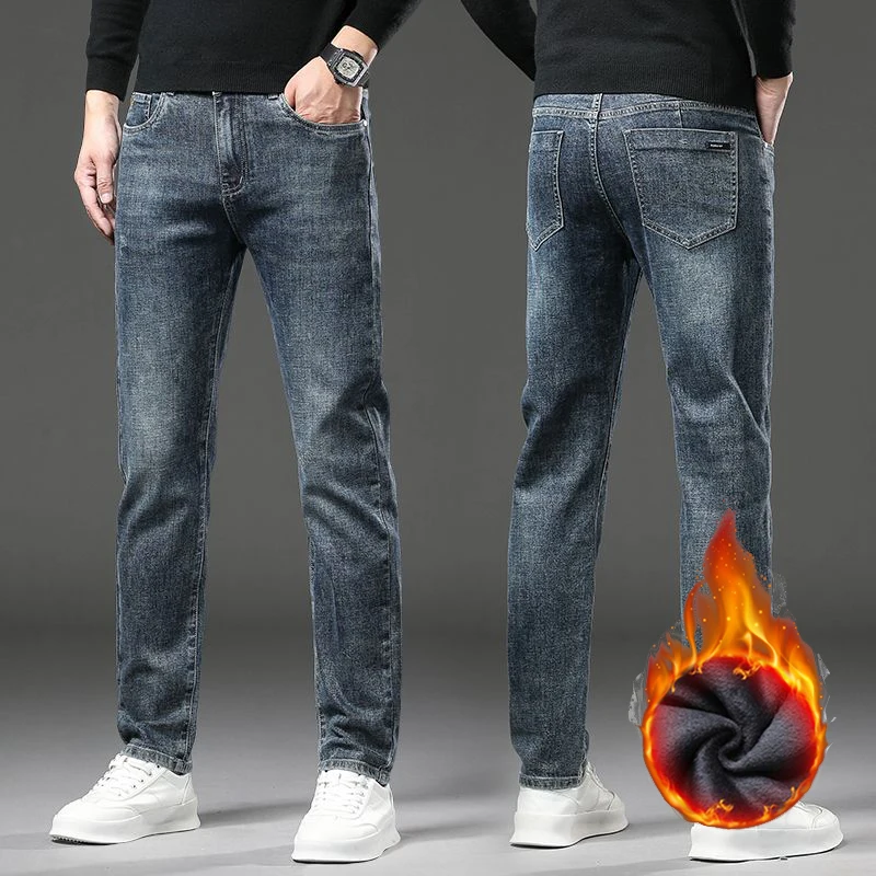 

Деловые свободные прямые брюки, мужские осенне-зимние утолщенные теплые джинсы на флисовой подкладке, мужские облегающие повседневные джинсовые брюки