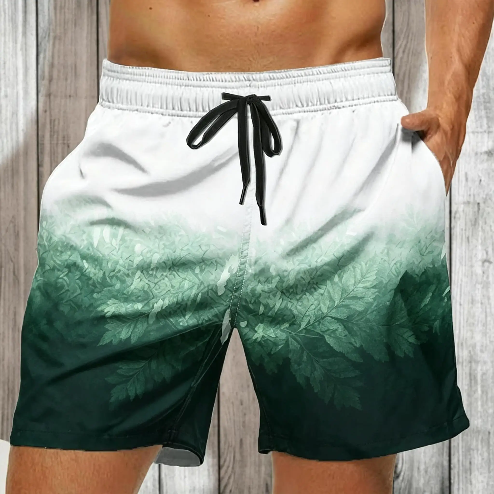 Men's White Green Ombre Fern Print Drawstring Shorts, Casual Loose Swim Trunks For Spring Summer Beach Wear
