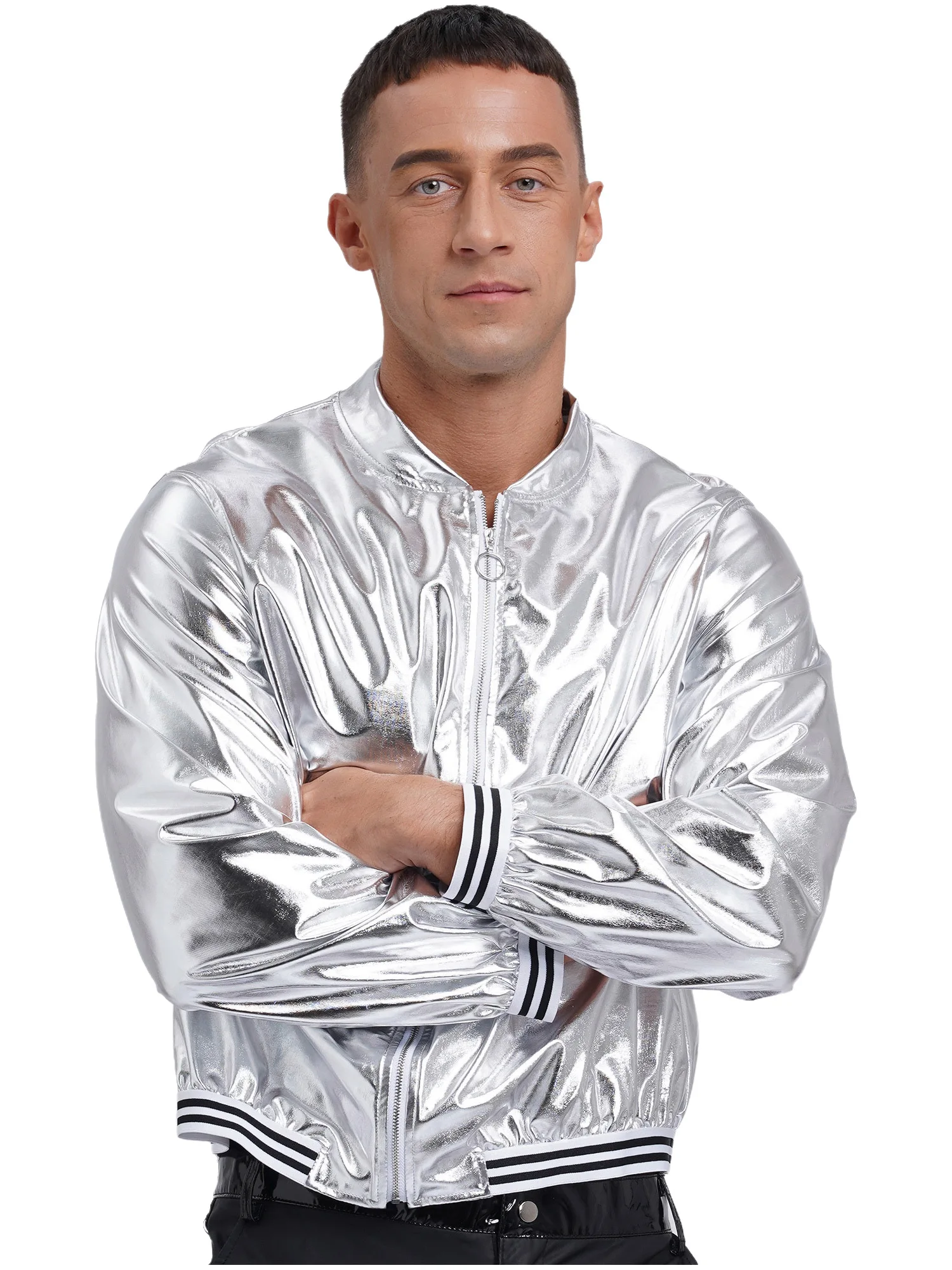 Mens Metallic Shiny Bomber Jacket Long Sleeve Zip Up Baseball Jackets Coat Rave Dance Party Festival Varsity Outerwear Clubwear