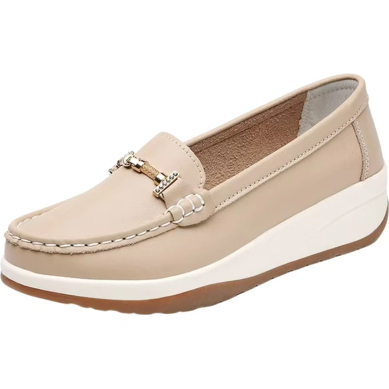 

Женские лоферы на танкетке из натуральной кожи, нескользящая толстая подошва, весна-осень, новая повседневная обувь без шнуровки с круглым носком