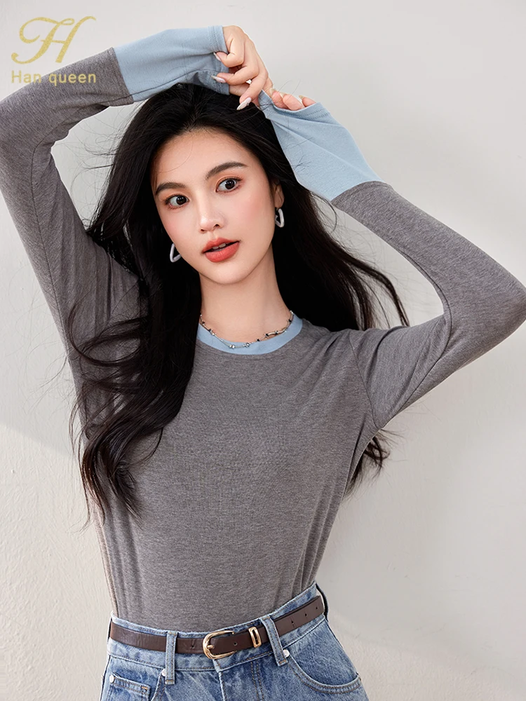 

H Han Queen New Autumn T-Shirt Bottoming Office Work Vintage Loose Tops Women Colorblocking Long Sleeve Tee Female Clothing