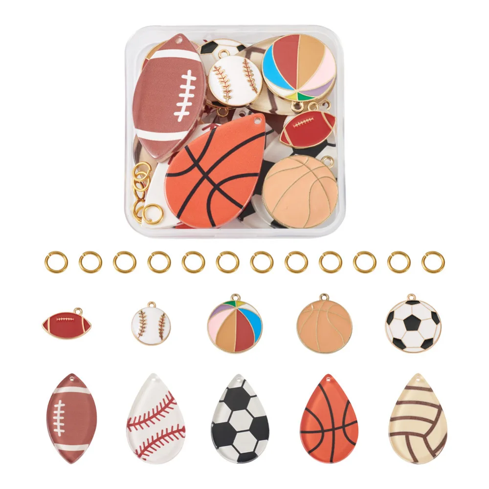 

60Pcs/box Football Volleyball Basketball Enamel Charms DIY Sports Themed Pendants Jewelry Making Finding Kits Mixed Color