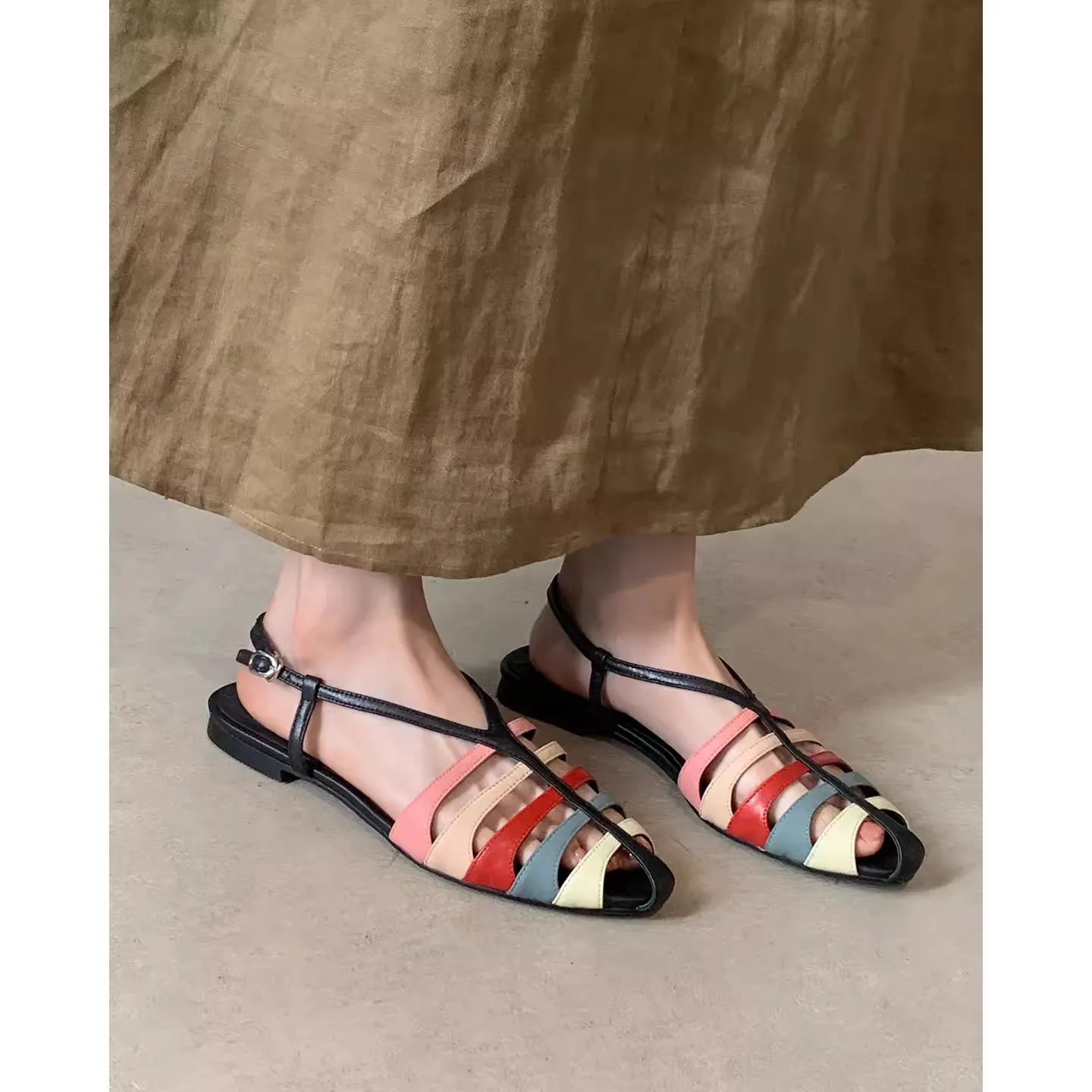 Fashionable Roman Style Women's Sandals Shoes Color Block Design Low Cut Flat Heel Casual Slip-On Footwear for Women