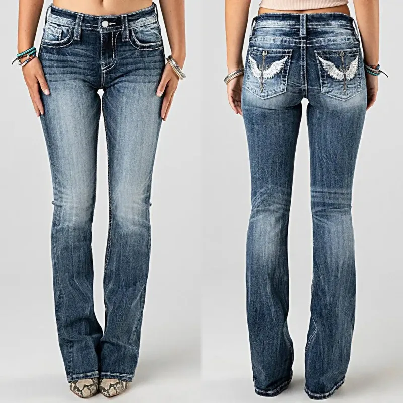 

New Women's High Waist Flare Jeans Heavy Embroidery Stretch Washed Denim Pants Casual Streetwear Slim Fit Trousers for Ladies