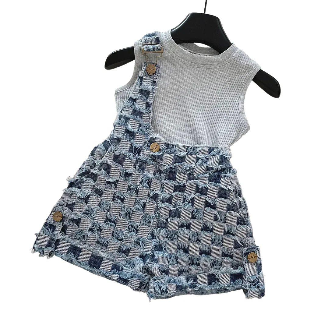 

2PCS New Girls Summer Set Korean Style Cotton Sleeveless Solid Top + Denim Shorts Outfit for 2-8 Years Old Girls