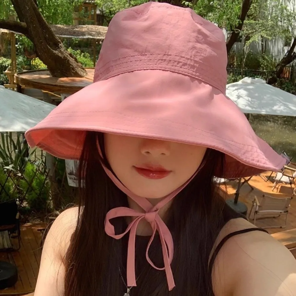 Simple Solid Color Sunscreen Bucket Hat Breathable Adjustable Fisherman Hat Thin with Strap Wide Brim Sun Hat Fishing