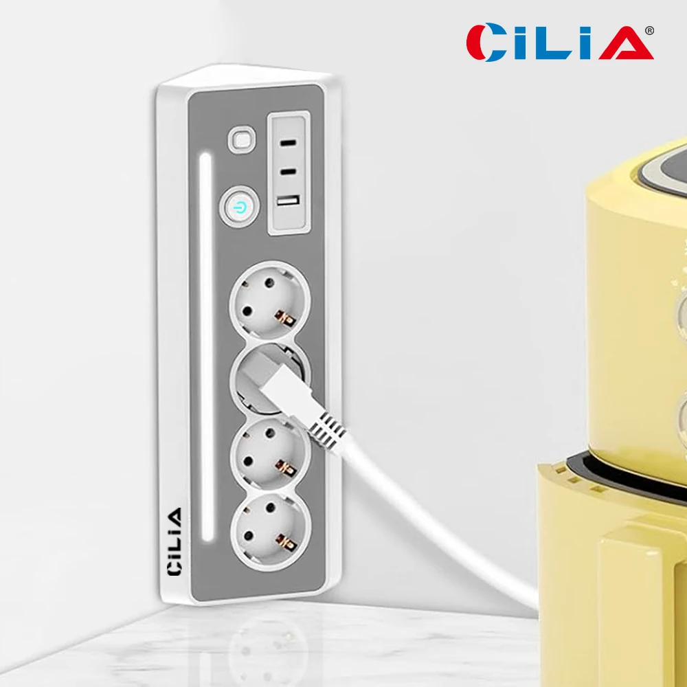 CILIA EU Power Strip 4 Schuko 2 USB C 1 USB A, 3680W 16A Surge Protection with Switch LED, 1 5m Cable for Home