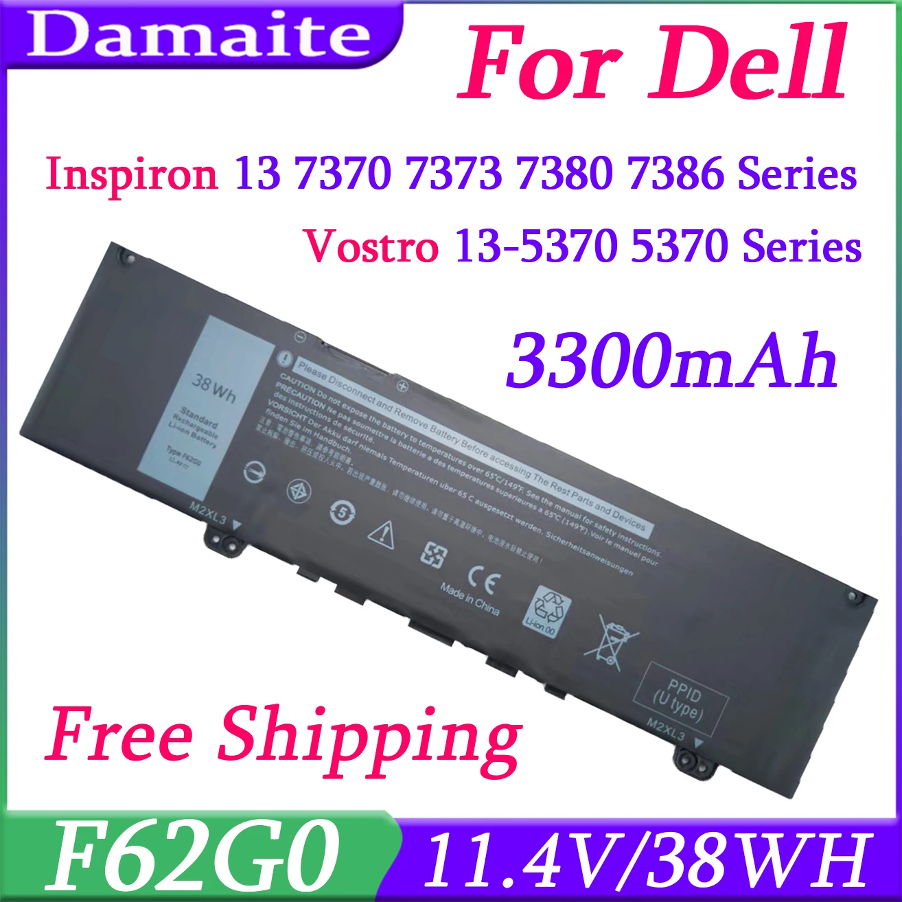 F62G0 39DY5 11.4V 38WH Laptop Battery for Dell Vostro 5370 RPJC3 P91G P83G P87G Inspiron 13 7386 2-in-1 5370 7370 7380 7373