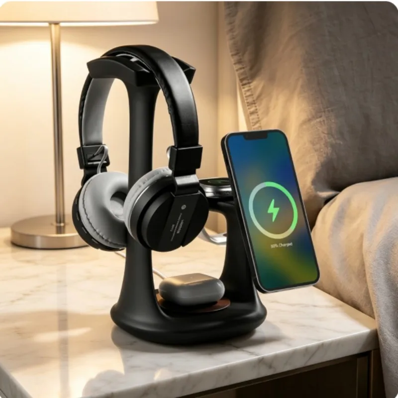 Three in One Magnetic Earphone Holder Suitable for Apple Phone Watch Wireless Charging Stand Earphone Storage Desktop Stand