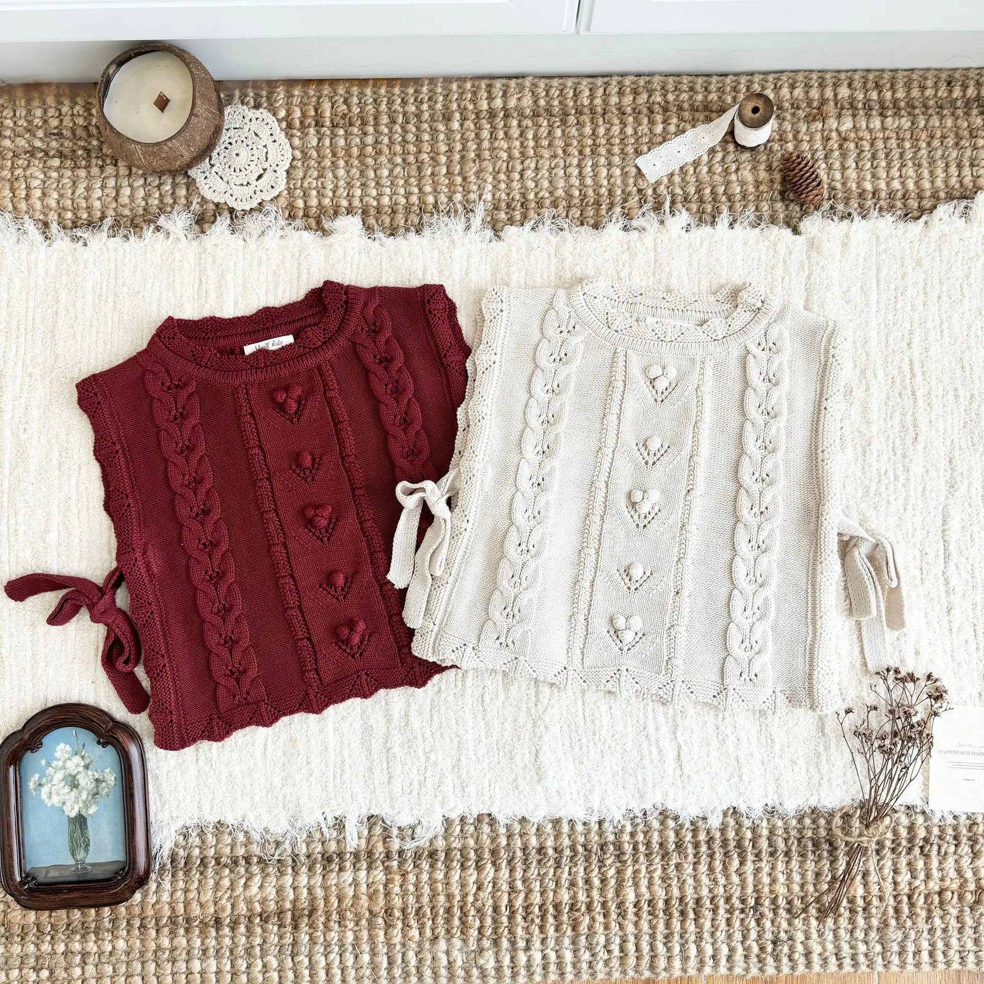 2026 Fall Winter 2026 Girls Knit Vest Cotton Cable Knit Hand Hooked Pom Pom Sleeveless Cardigan Vest