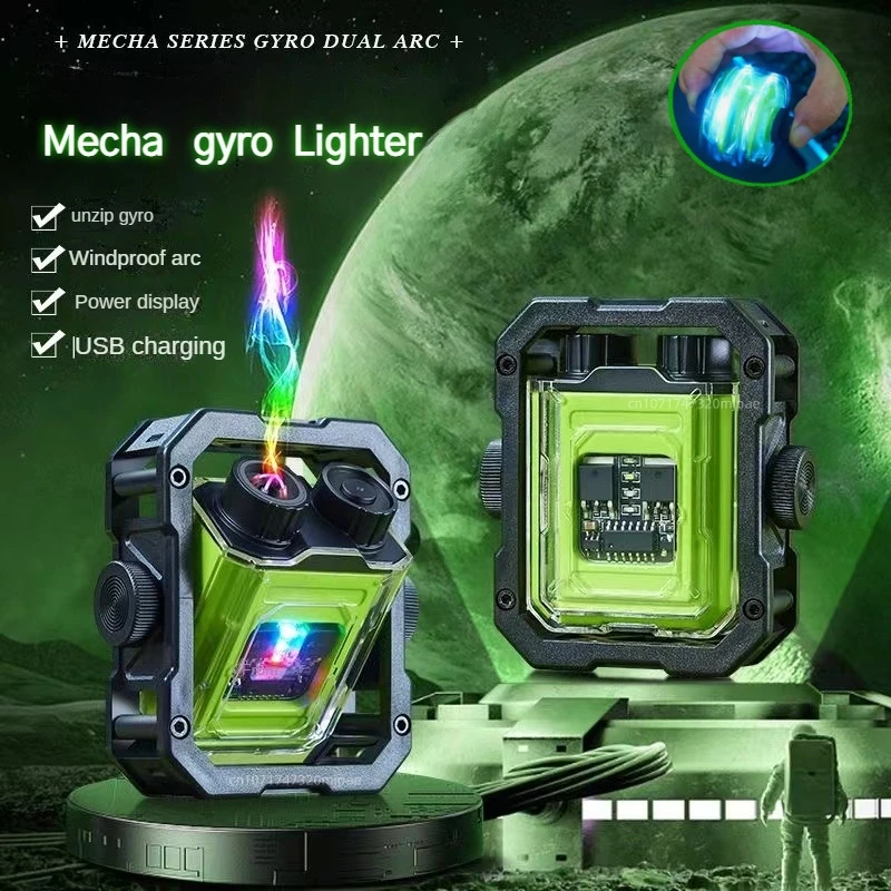 New Cool LED Lantern Outdoor Windproof Double Arc Lighter Mecha Style Metal Decompression Gyro Lighter  Men\'s Tools Wholesale