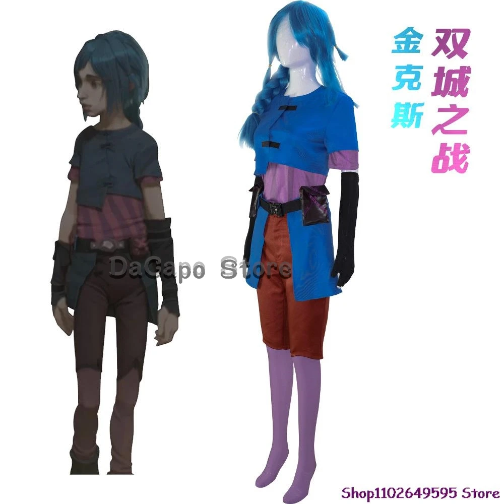 Anime Game LOL Arcane Powder Jinx Cosplay Costume Junior Childhood Clothes Man Woman Coat Pants Blue Braid Wig Halloween Suit