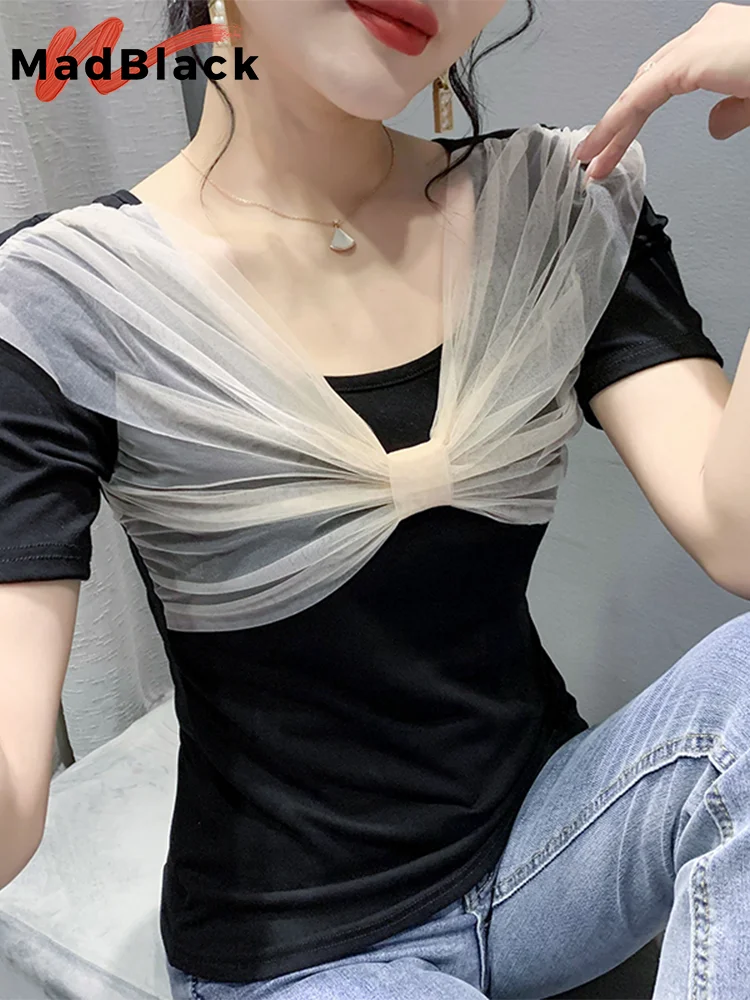 

MadBlack Summer European Clothes Bowtie T-Shirt Women Sexy Mesh Patchwork Slim Cotton Tops Short Sleeves Basic Tees T34841M