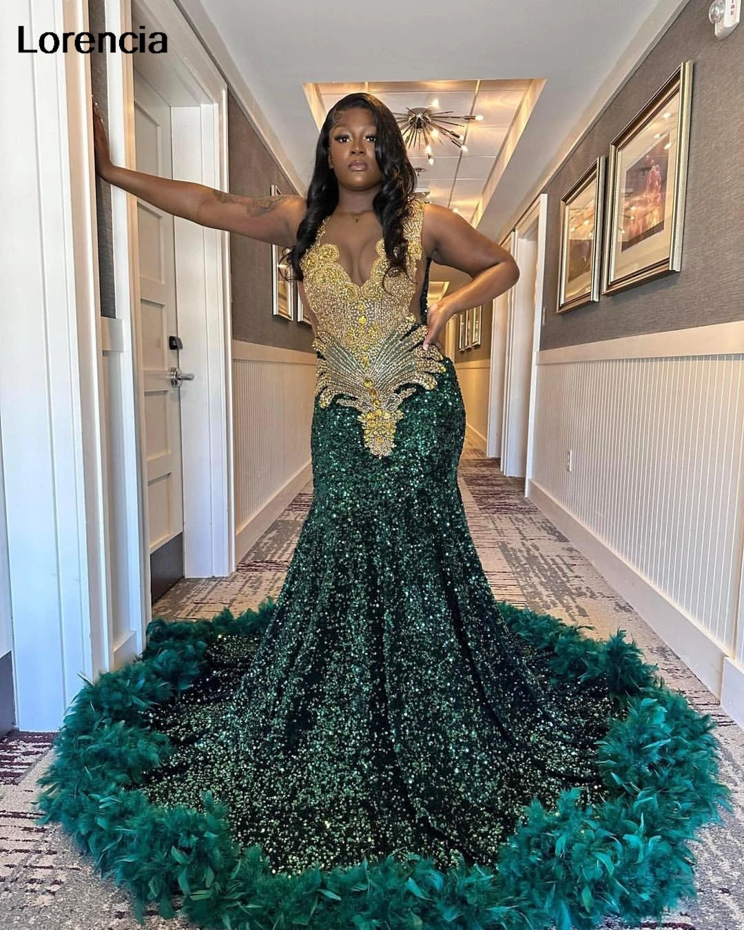 Customized Green Ruffles Sequins Mermaid Prom Dress Gold Beaded Rhinestone For Black Girls Birthday Party Gala Gown YPD172