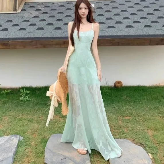 2025年新作夏スタイル フレンチフレッシュ＆スイート サスペンダードレス レディース 海辺のバカンスウェア ウエストミディ丈スカート