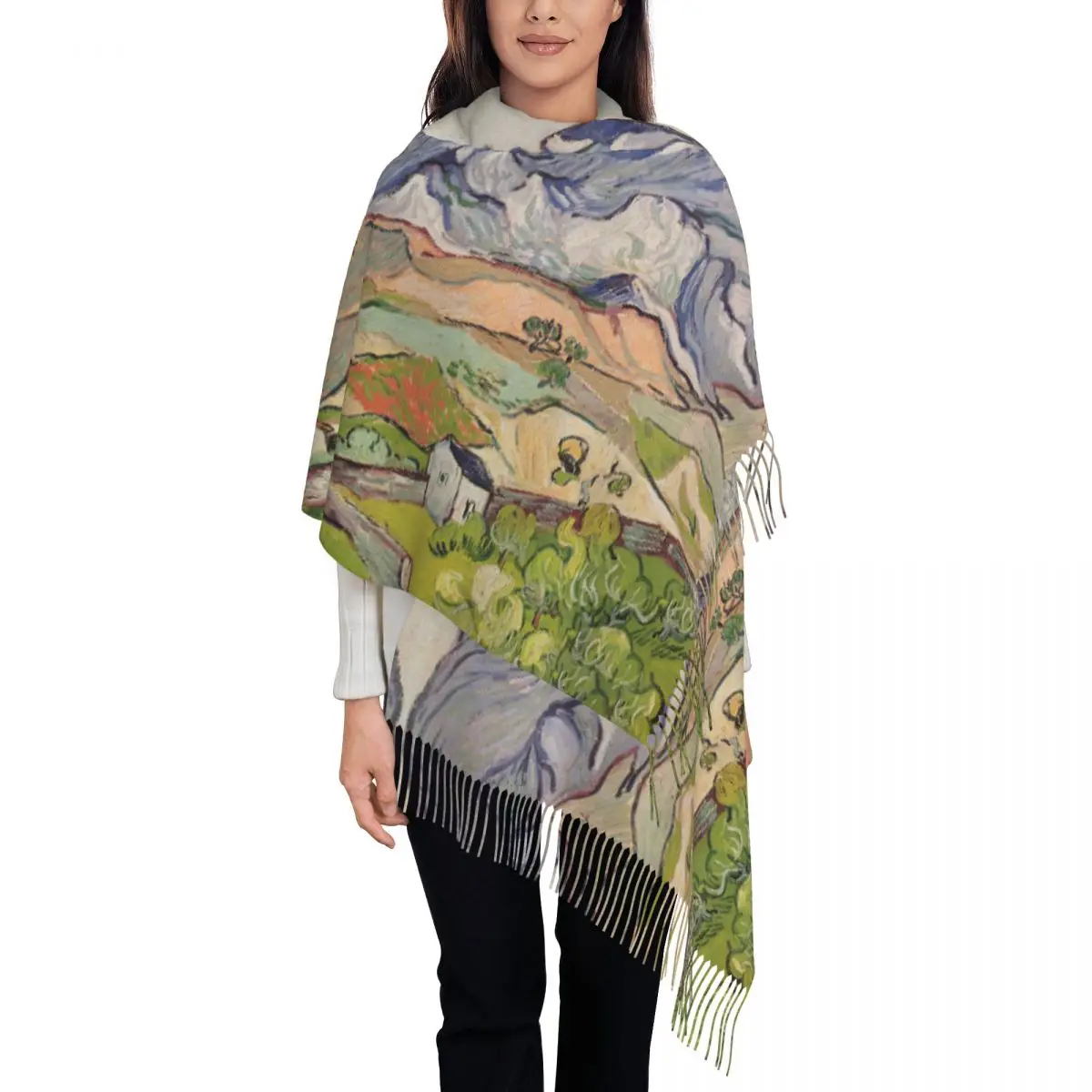 

The Alpilles Scarf Art Painting Keep Warm Shawls Wrpas with Tassel Lady Vintage Scarves Wraps Winter Design Foulard