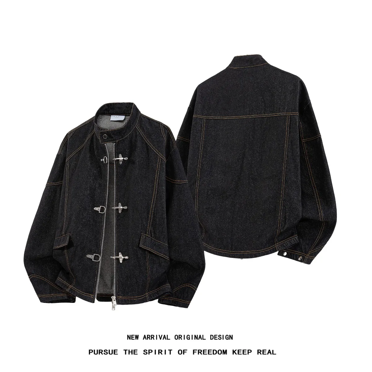 Black Design Sense Aircraft Buckle Denim Jacket Men's Loose Fit Zipper Collar Jacket Versatile Autumn Outerwear Polyester
