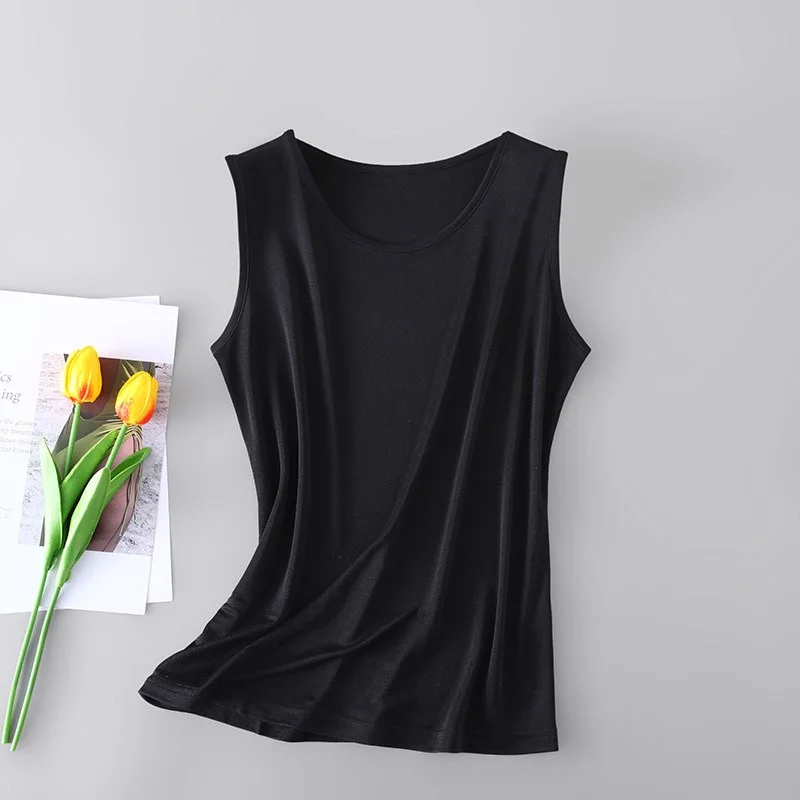Birdtree, 100% Real Silk Tank Soft Top, Woman Basics Knitted Tops, O-neck Sleeveless Chic Vest, 2026 New, White, Black T62311JF