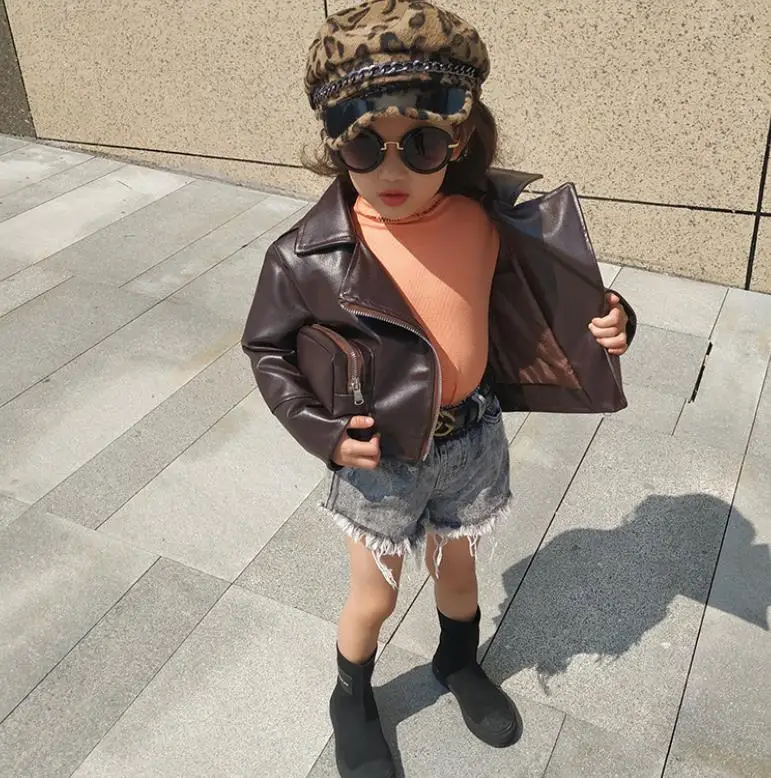 Boys and Girls Brown Leather Coat Bag PU Leather Jacket Top Spring and Autumn zip motorcycle Coat