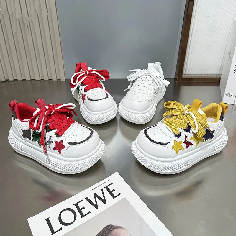 2026 New Winter Star Bread Sneakers Women Genuine Leather Lace-up Thick Sole Elevator Casual Shoes Sweet Girl Casual Shoes