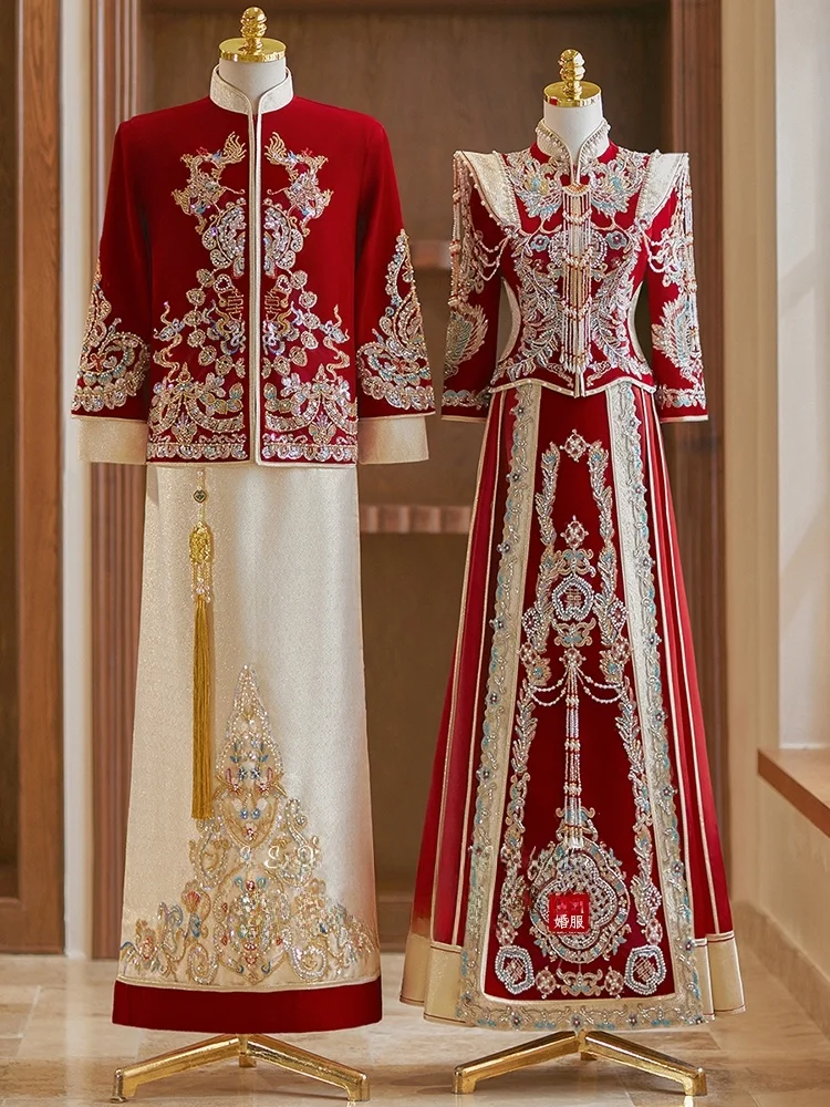 

Slimming Chinese Style Wedding Dress Set for Women New 2026 Couples Traditional Wedding Clothes Show He Fu Gown