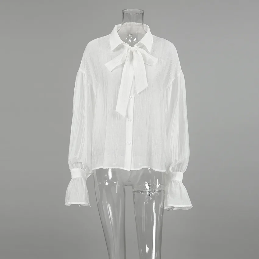 Women's Tencel Lace-up Shirt Fashion Loose Lapel Solid Color Long Sleeve See-through Shirt Elegant Single Breasted Shirt Top