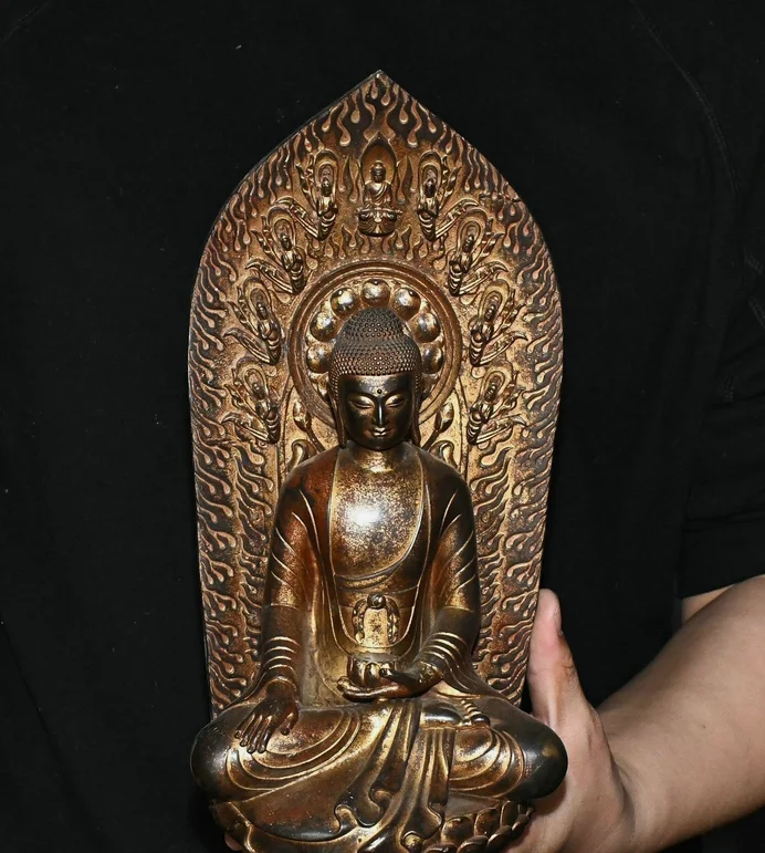 12'' Old Tibet Pure Bronze Gilt Lotus Flower Shakyamuni Sakyamuni Buddha Statue