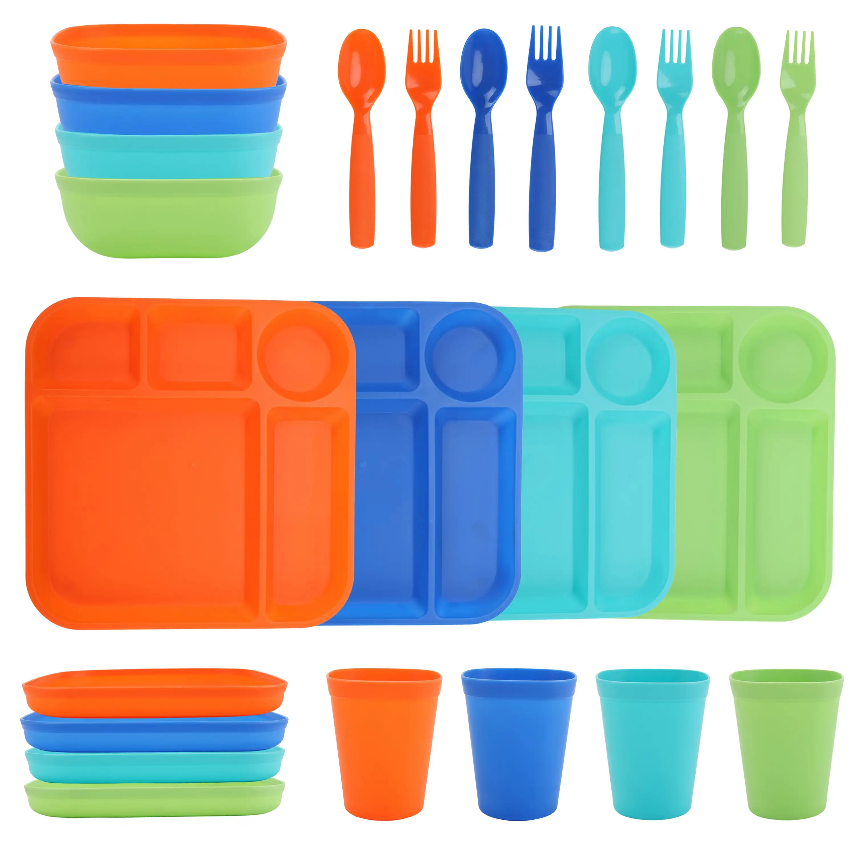 24-Piece Plastic Square Dinnerware Set for Kids with 4 Each Trays, Bowls, Plates, Cups, Forks, Microwave Safe